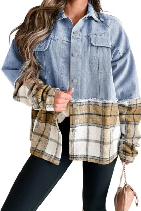 KevaMolly Womens Denim Jacket Long Sleeve Plaid Patchwork Buttoned Oversized Denim Jacket Pocket Button Daily Coat