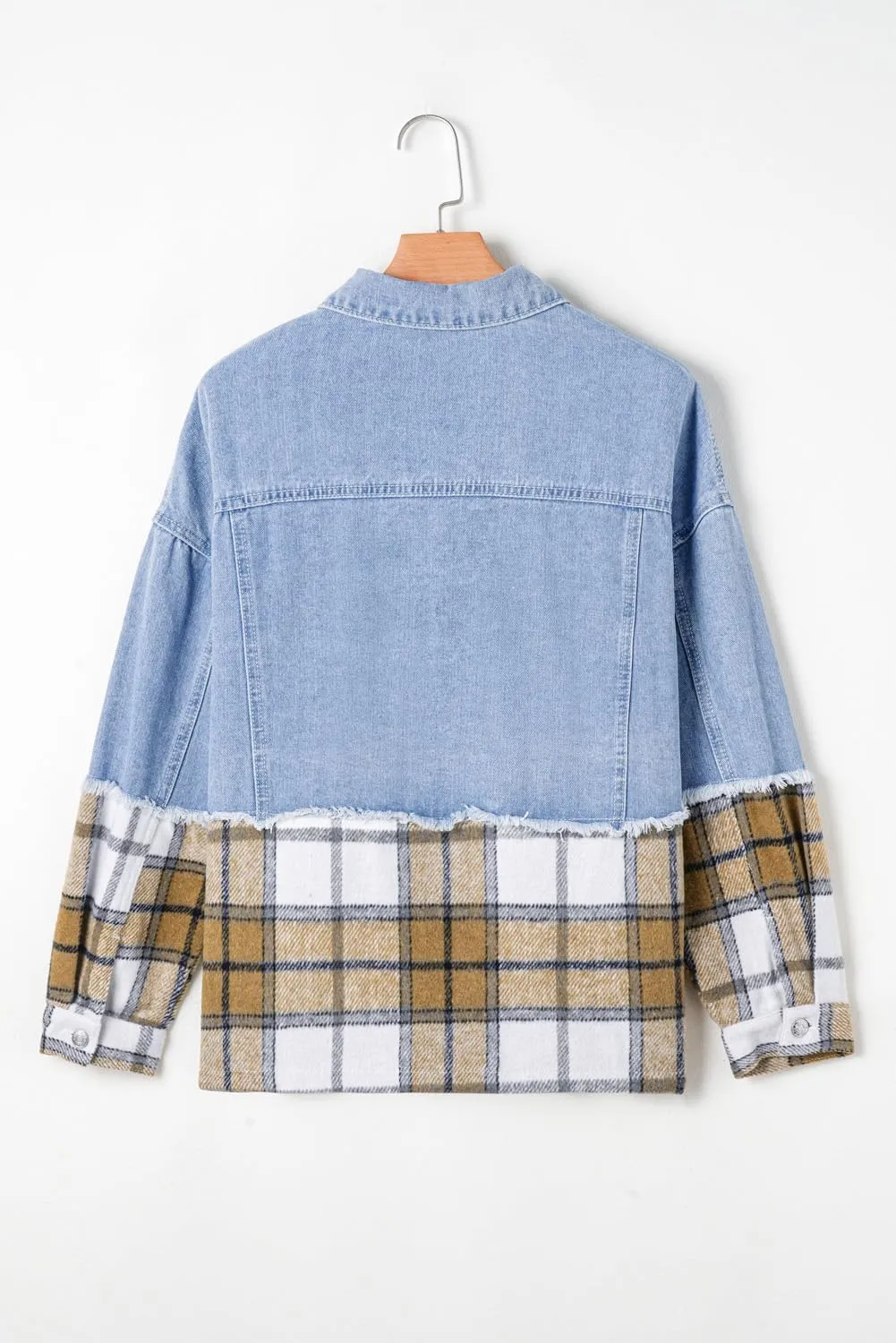 KevaMolly Womens Denim Jacket Long Sleeve Plaid Patchwork Buttoned Oversized Denim Jacket Pocket Button Daily Coat