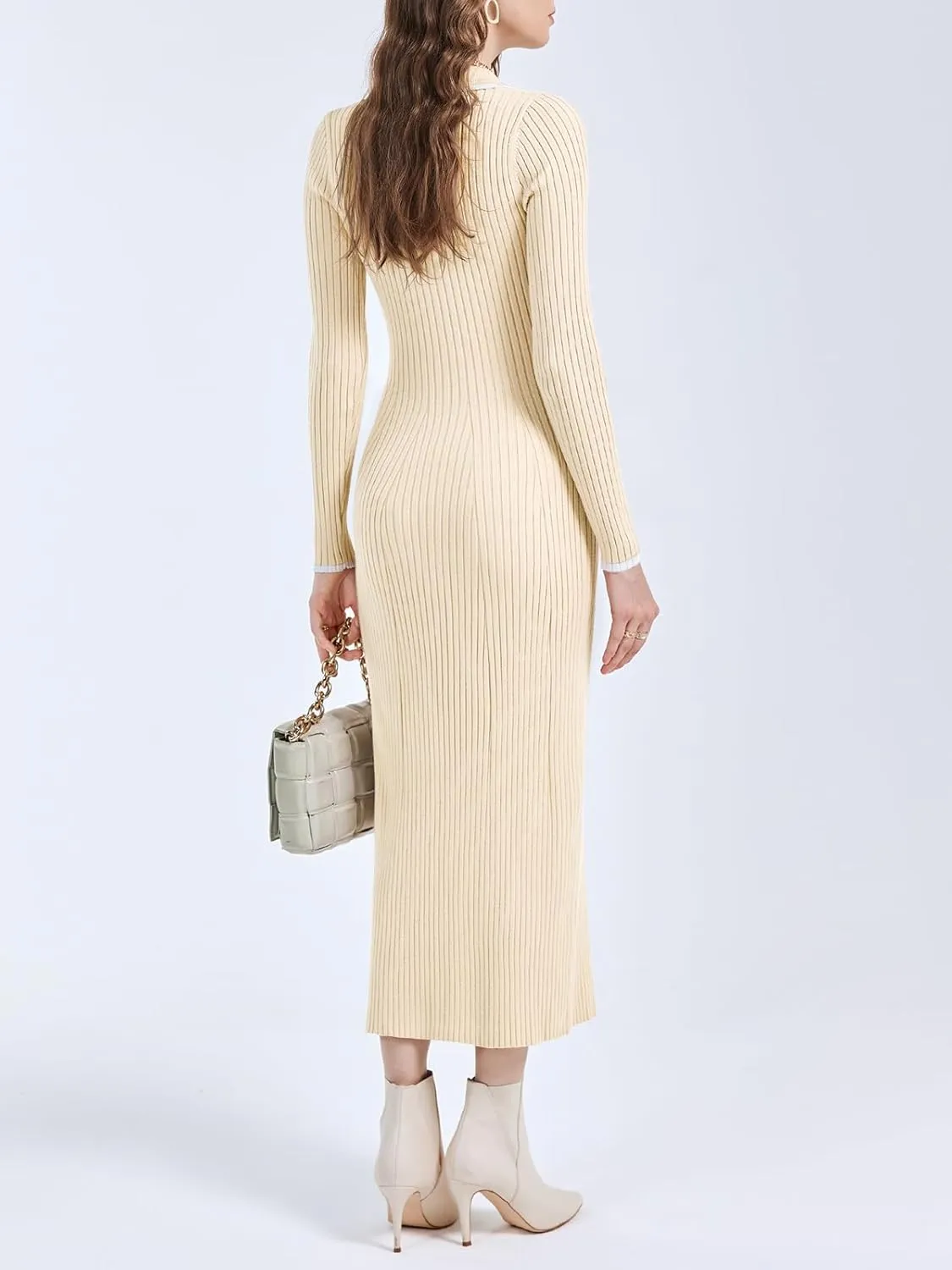 Langwyqu Womens Knit Long Sweater Dress Button V Neck Collared Long Sleeve Ribbed Bodycon Pullover 2024 Fall Maxi Dresses