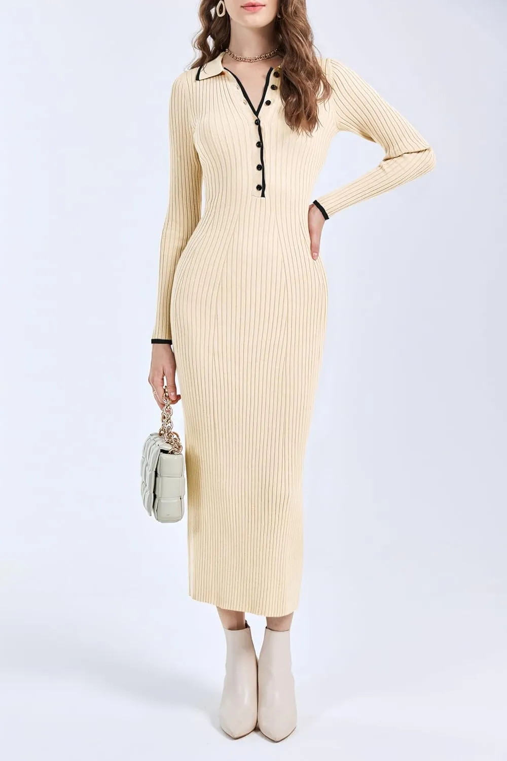 Langwyqu Womens Knit Long Sweater Dress Button V Neck Collared Long Sleeve Ribbed Bodycon Pullover 2024 Fall Maxi Dresses