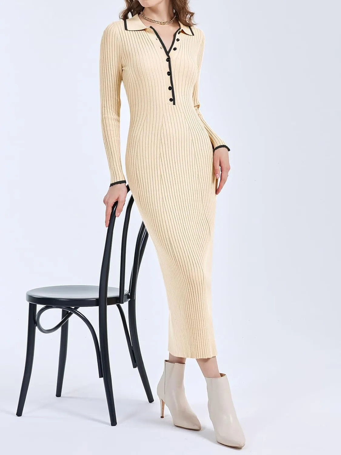Langwyqu Womens Knit Long Sweater Dress Button V Neck Collared Long Sleeve Ribbed Bodycon Pullover 2024 Fall Maxi Dresses