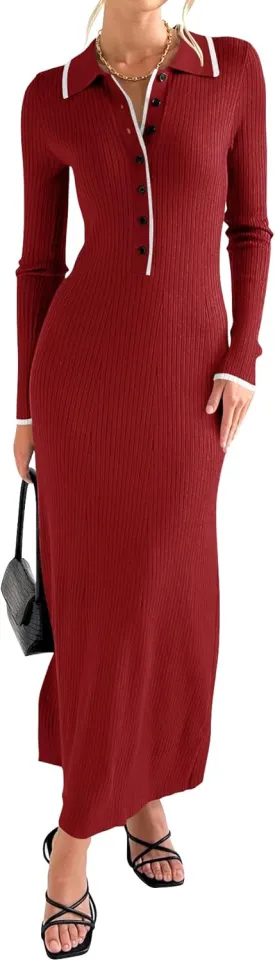 Langwyqu Womens Knit Long Sweater Dress Button V Neck Collared Long Sleeve Ribbed Bodycon Pullover 2024 Fall Maxi Dresses