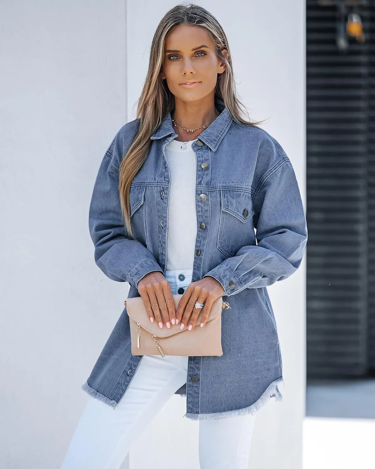 luvamia Denim Jacket for Women Oversized Button Down Casual Jean Shacket Jackets Long Sleeve Frayed Hem Western Trendy
