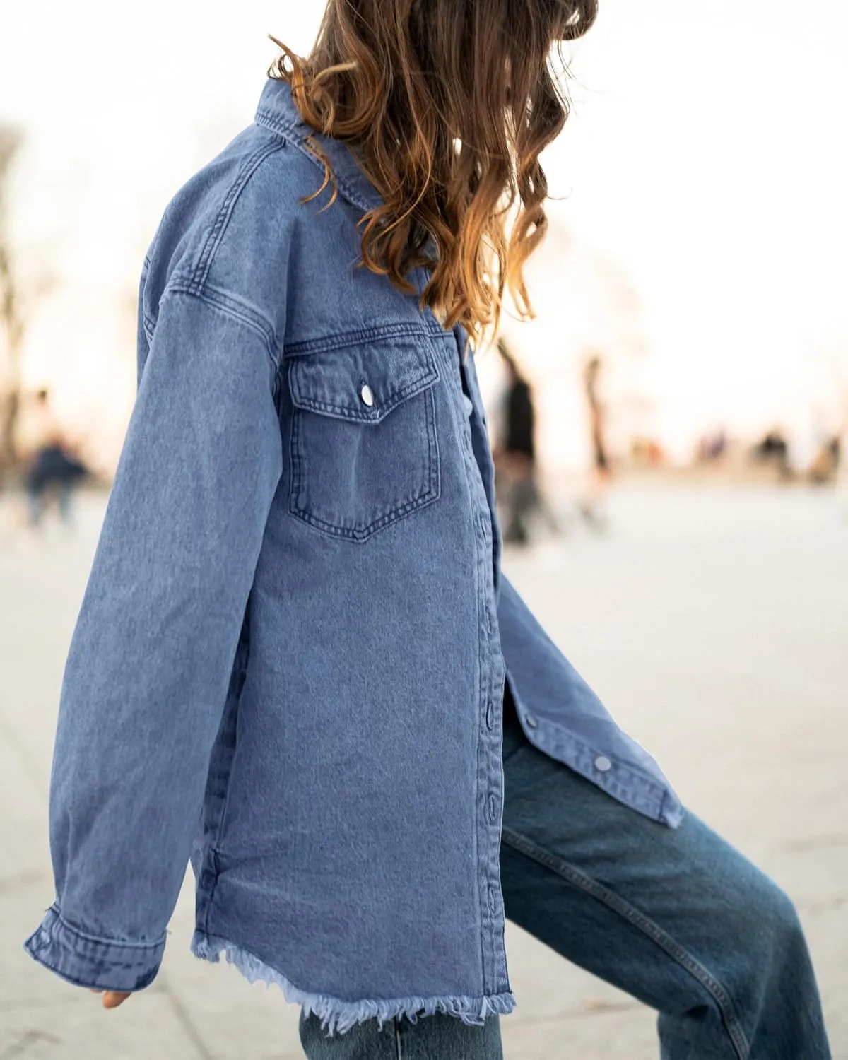 luvamia Denim Jacket for Women Oversized Button Down Casual Jean Shacket Jackets Long Sleeve Frayed Hem Western Trendy
