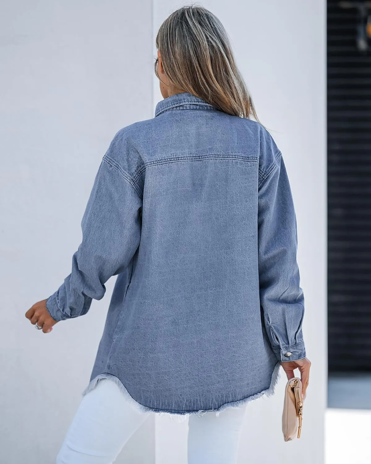 luvamia Denim Jacket for Women Oversized Button Down Casual Jean Shacket Jackets Long Sleeve Frayed Hem Western Trendy