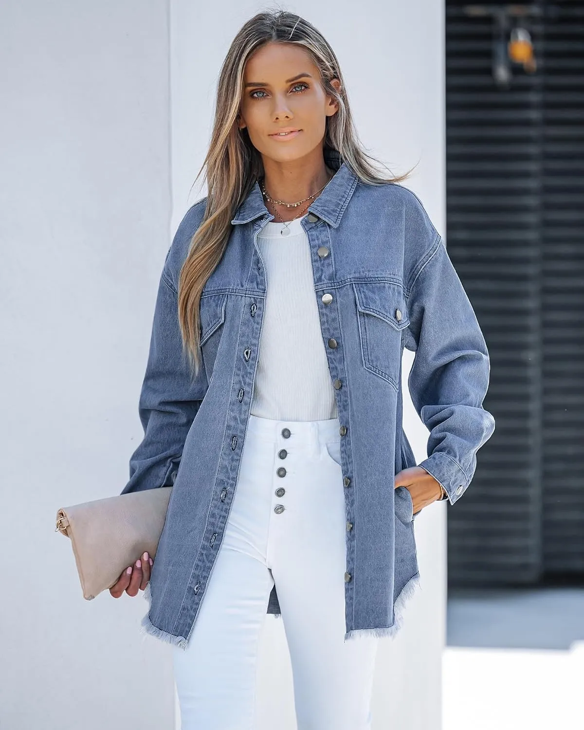 luvamia Denim Jacket for Women Oversized Button Down Casual Jean Shacket Jackets Long Sleeve Frayed Hem Western Trendy