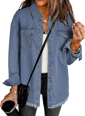 luvamia Denim Jacket for Women Oversized Button Down Casual Jean Shacket Jackets Long Sleeve Frayed Hem Western Trendy