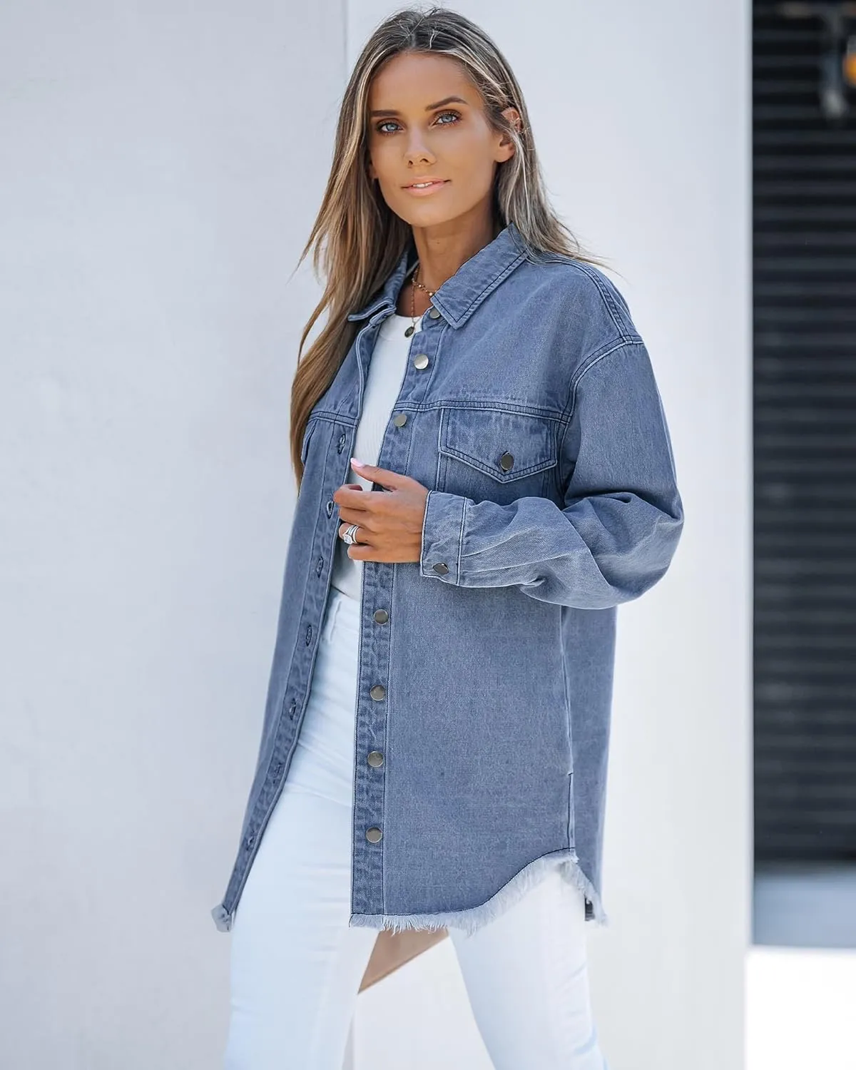 luvamia Denim Jacket for Women Oversized Button Down Casual Jean Shacket Jackets Long Sleeve Frayed Hem Western Trendy