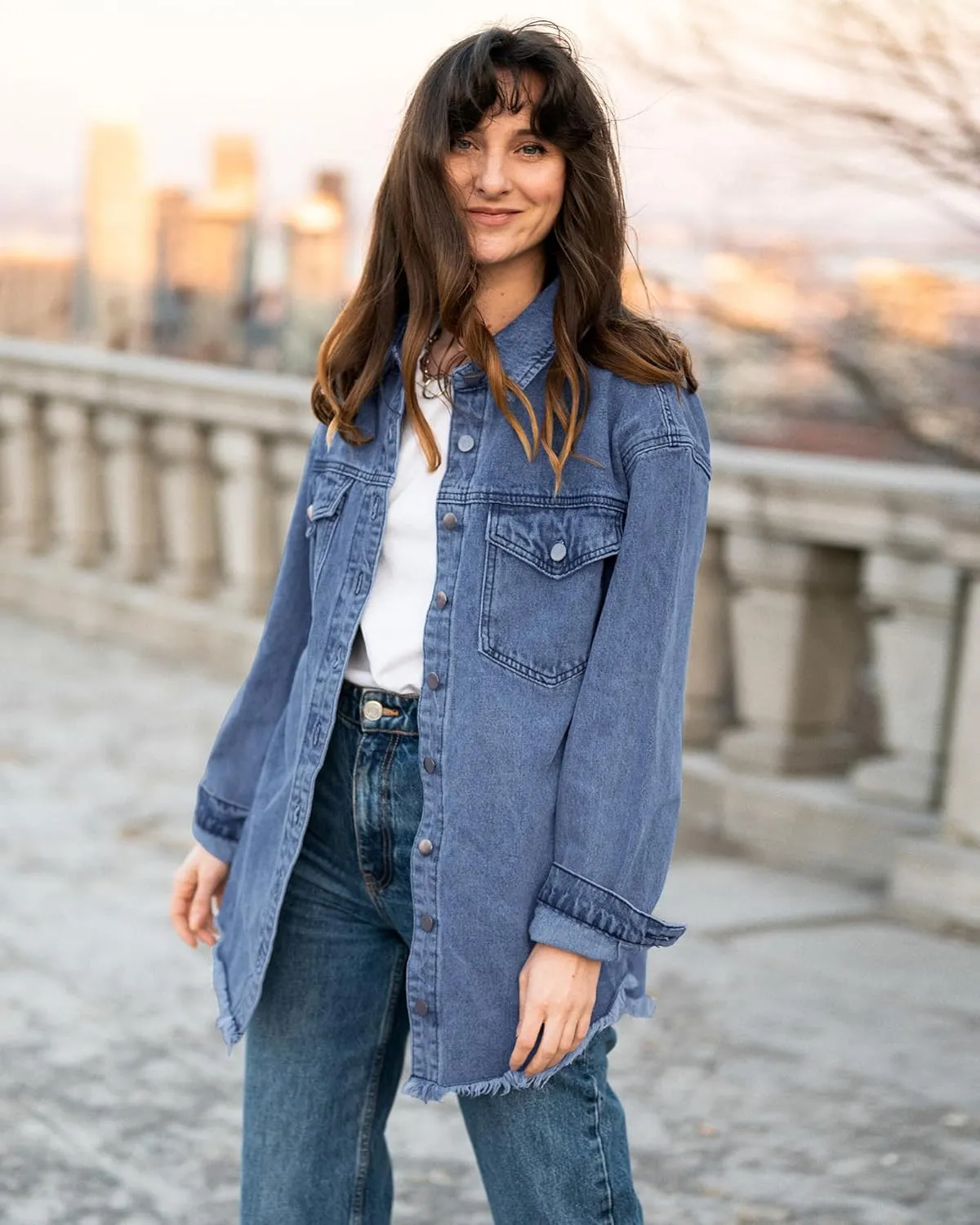 luvamia Denim Jacket for Women Oversized Button Down Casual Jean Shacket Jackets Long Sleeve Frayed Hem Western Trendy