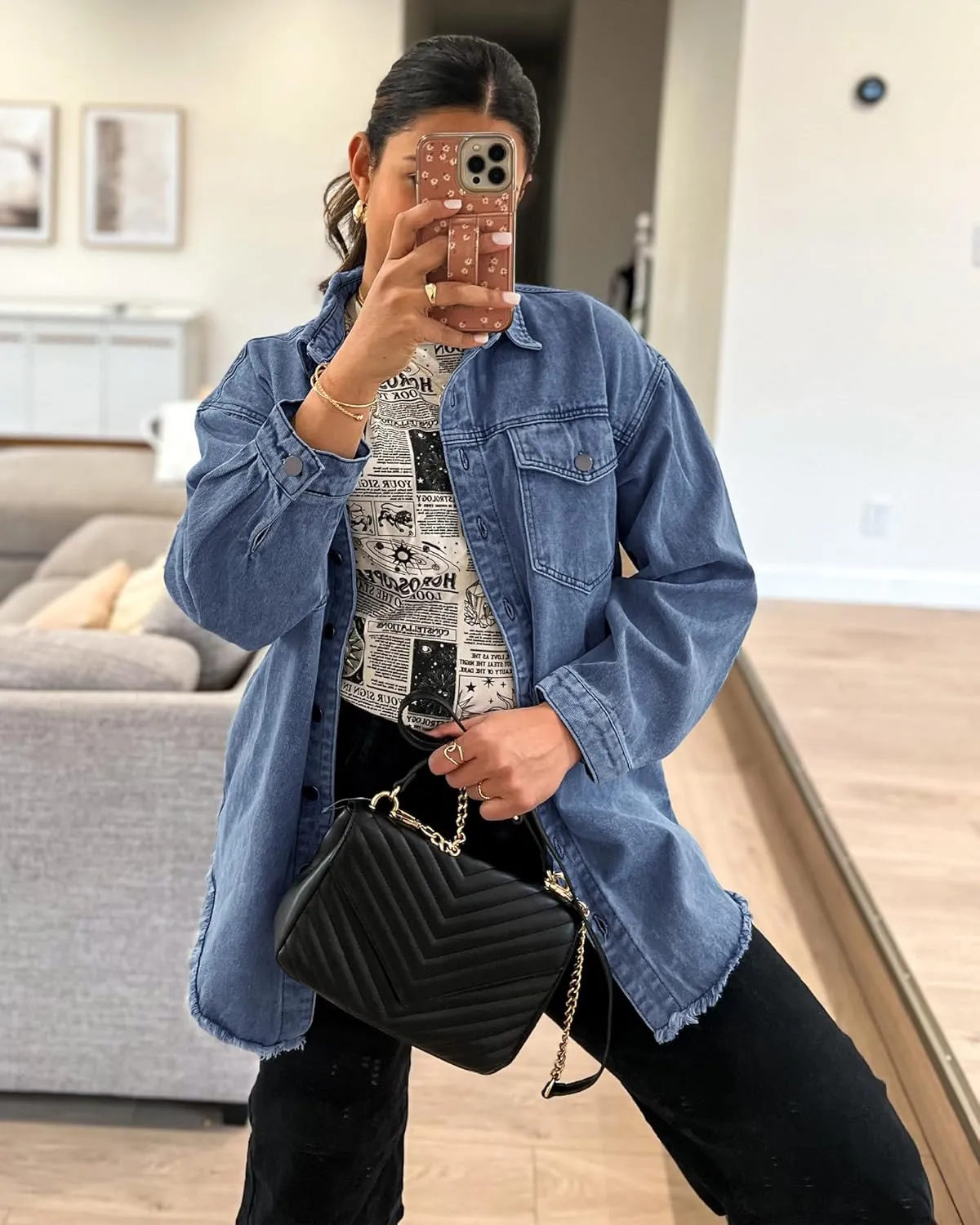 luvamia Denim Jacket for Women Oversized Button Down Casual Jean Shacket Jackets Long Sleeve Frayed Hem Western Trendy
