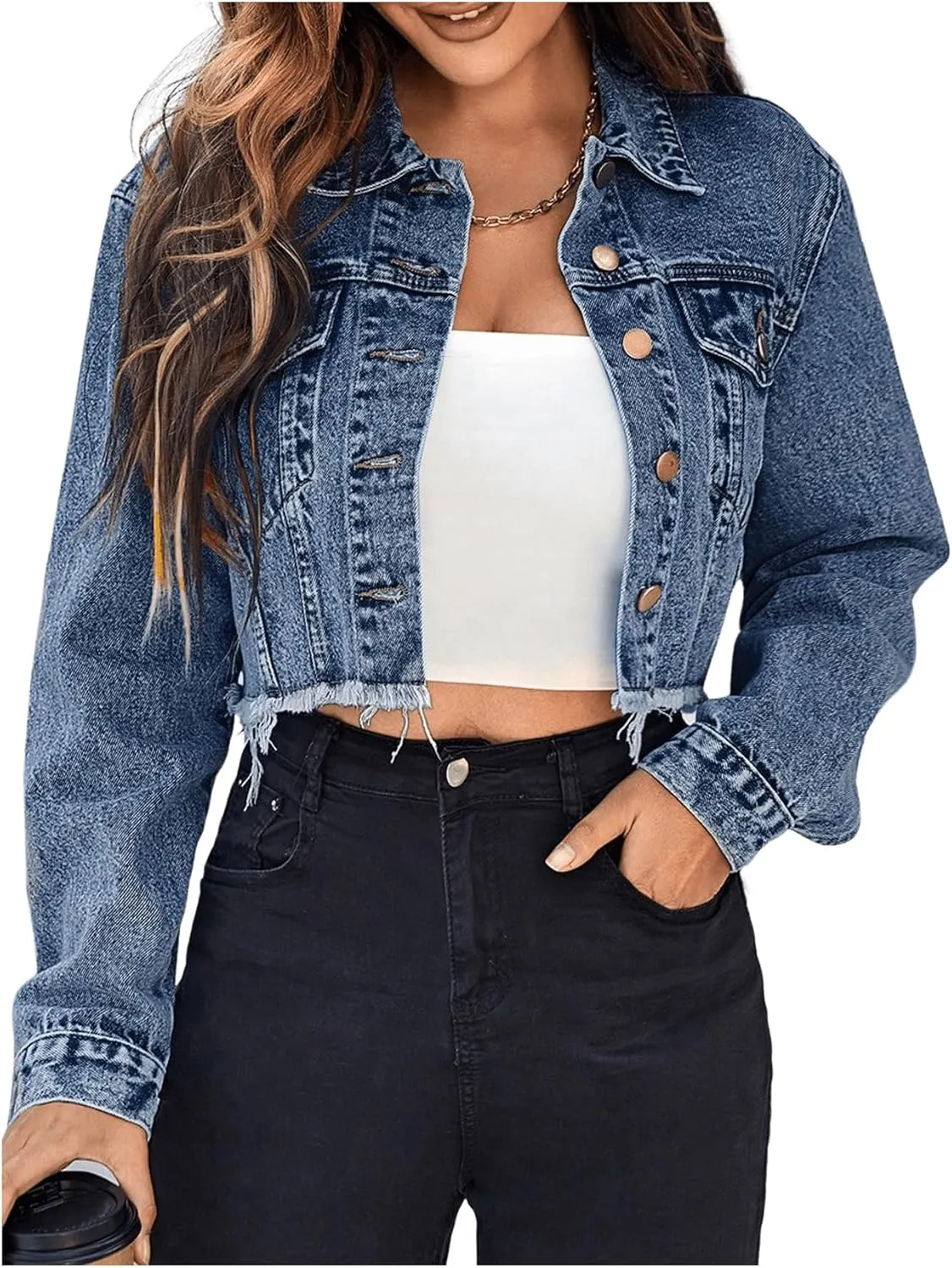 MakeMeChic Women's Cropped Jean Jacket Casual Long Sleeve Ripped Frayed Hem Denim Jacket