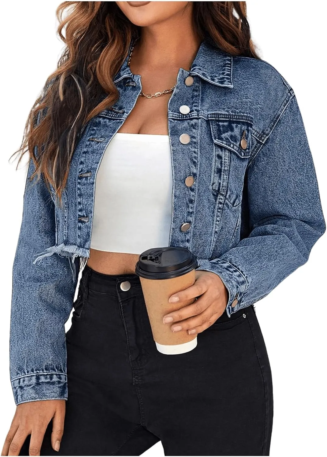 MakeMeChic Women's Cropped Jean Jacket Casual Long Sleeve Ripped Frayed Hem Denim Jacket