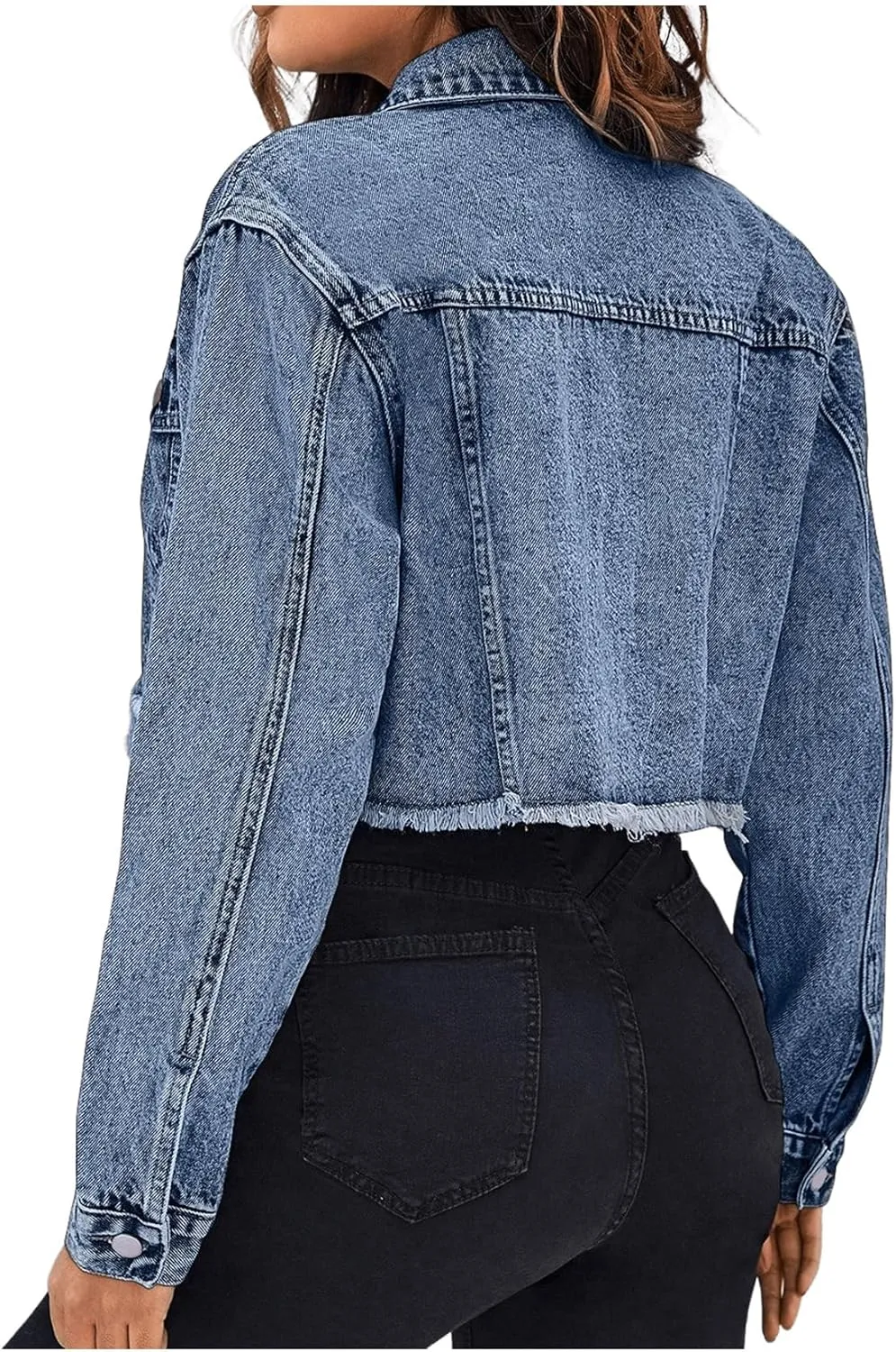 MakeMeChic Women's Cropped Jean Jacket Casual Long Sleeve Ripped Frayed Hem Denim Jacket