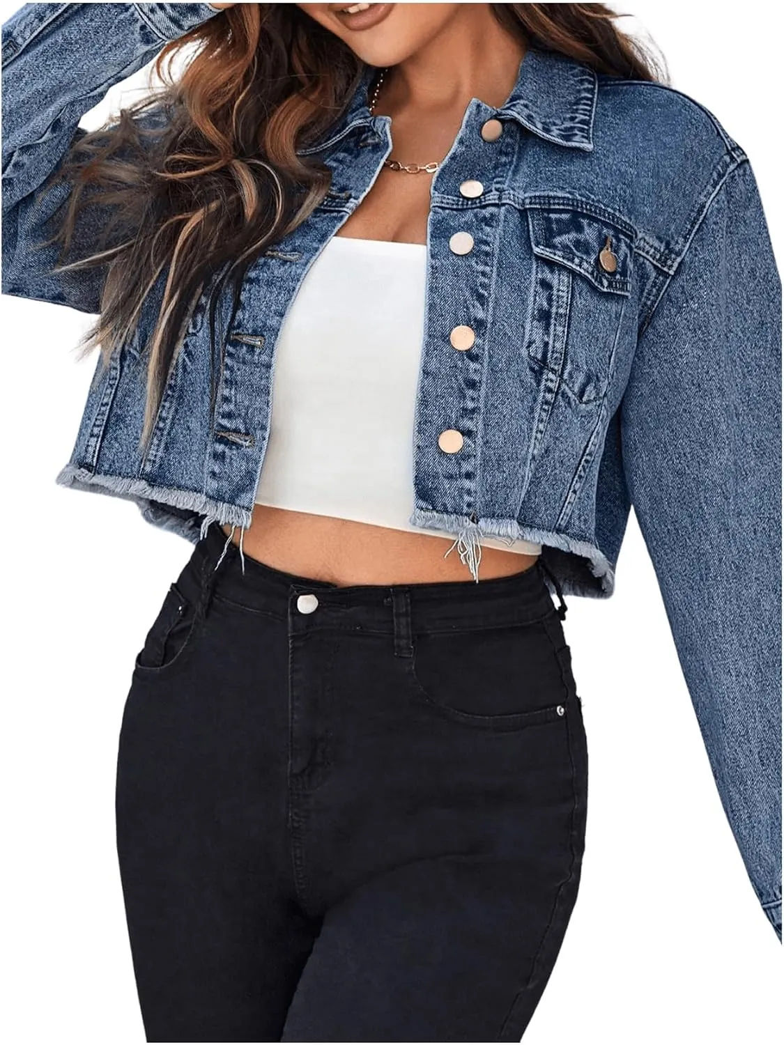 MakeMeChic Women's Cropped Jean Jacket Casual Long Sleeve Ripped Frayed Hem Denim Jacket