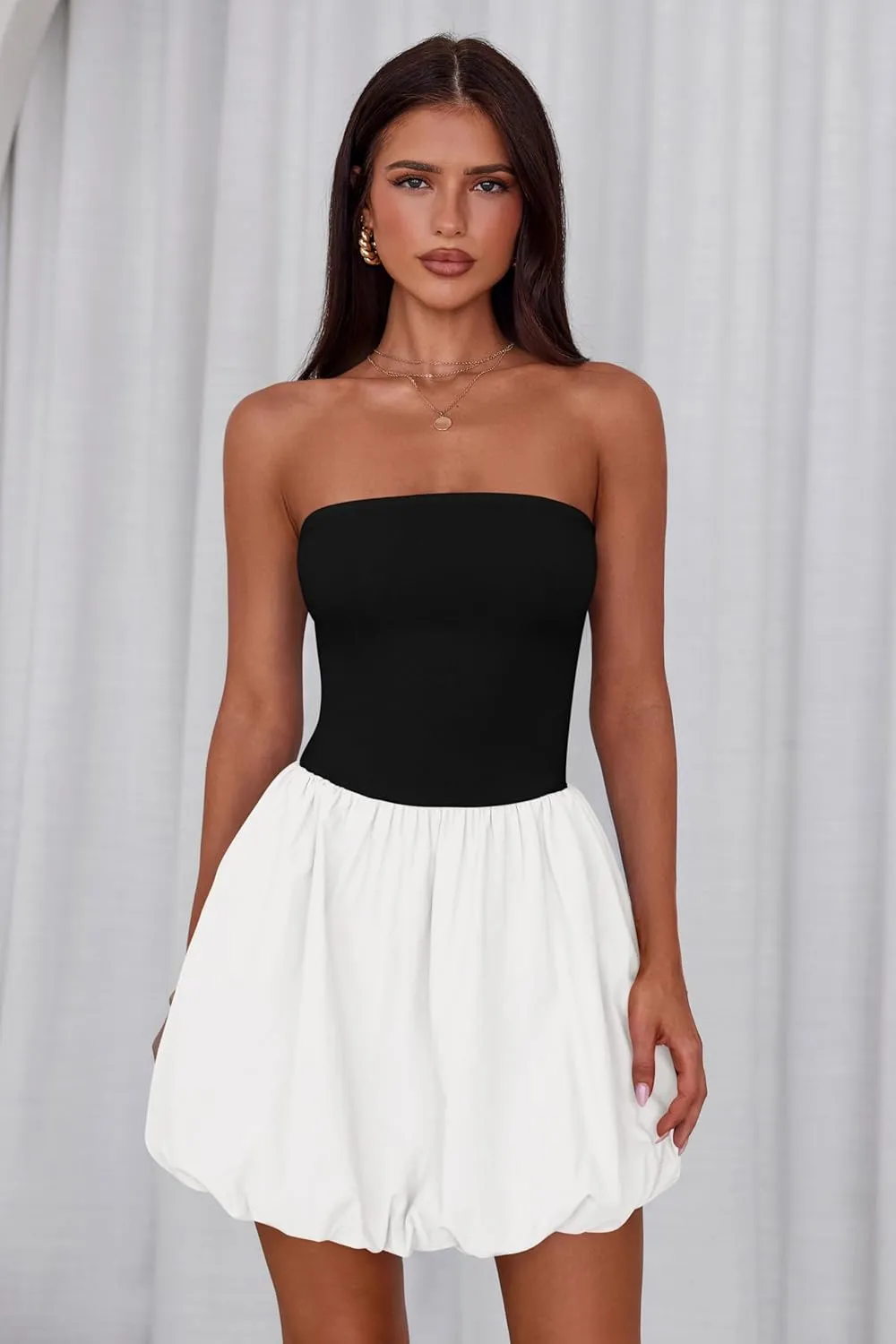 MASCOMODA Womens Strapless Bubble Mini Dress Summer Tube Top Sundress Casual Off Shoulder A Line Party Short Dresses Vacation
