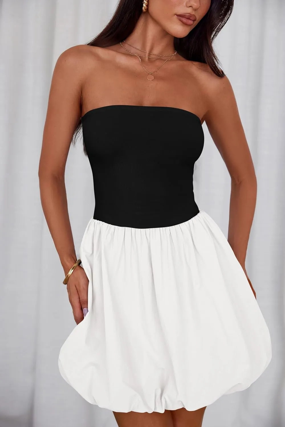 MASCOMODA Womens Strapless Bubble Mini Dress Summer Tube Top Sundress Casual Off Shoulder A Line Party Short Dresses Vacation