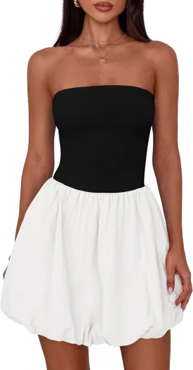 MASCOMODA Womens Strapless Bubble Mini Dress Summer Tube Top Sundress Casual Off Shoulder A Line Party Short Dresses Vacation