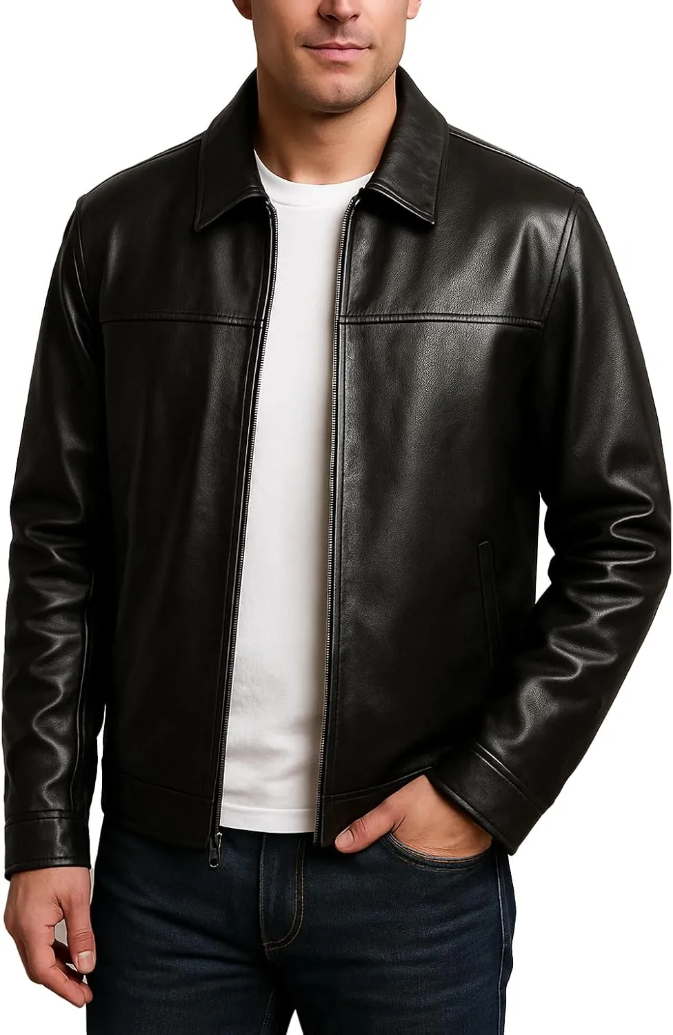 Men's Classic Real Lambskin Polo Collar Premium Leather Jacket Casual Style Everyday Wear Leather Jacket