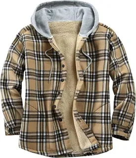 Mens Fleece Lined Flannel Plaid Shirts Jacket Button Down Sherpa Jackets with Hood Stylish Winter Hooded Coats Outwear