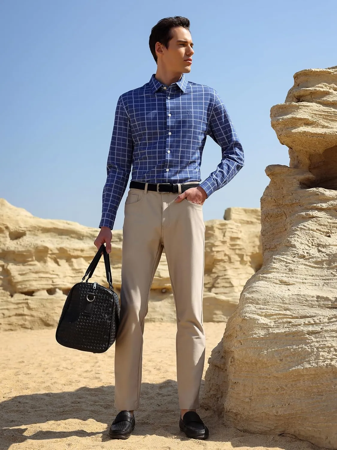 Mens Stretch Checkered Shirt- Wrinkle Free No Iron Slim Fit Breathable Dress Shirt for Office Travel