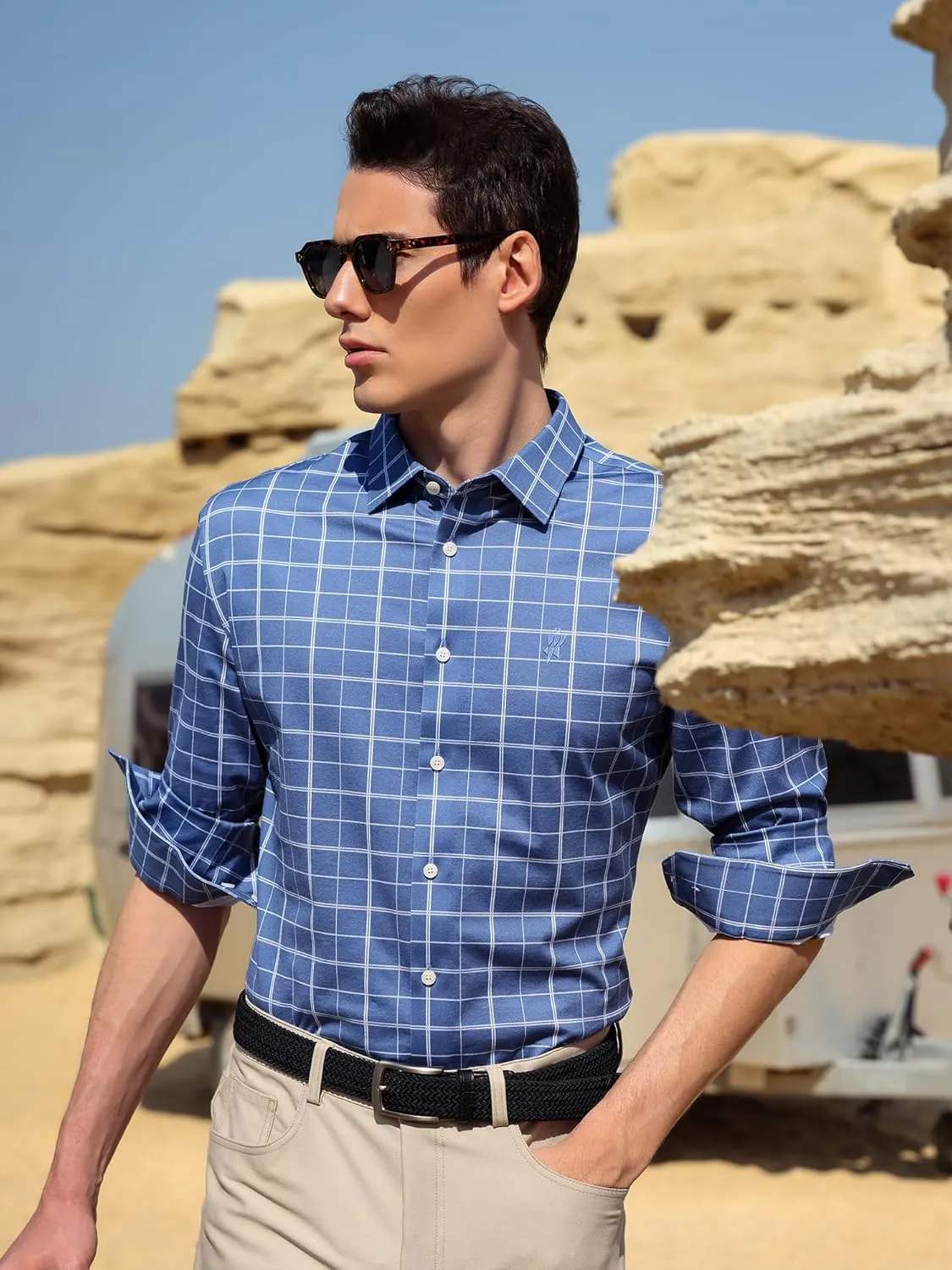 Mens Stretch Checkered Shirt- Wrinkle Free No Iron Slim Fit Breathable Dress Shirt for Office Travel