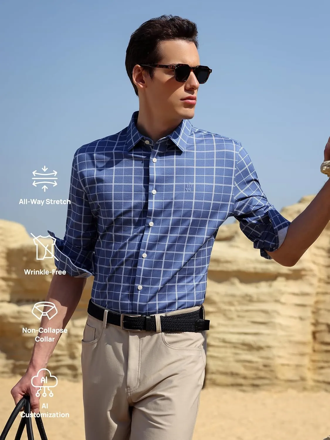 Mens Stretch Checkered Shirt- Wrinkle Free No Iron Slim Fit Breathable Dress Shirt for Office Travel