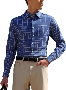 Mens Stretch Checkered Shirt- Wrinkle Free No Iron Slim Fit Breathable Dress Shirt for Office Travel