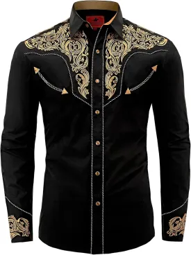 Men's Western Cowboy Shirt Embroidered Long Sleeve Casual Button Down Shirt