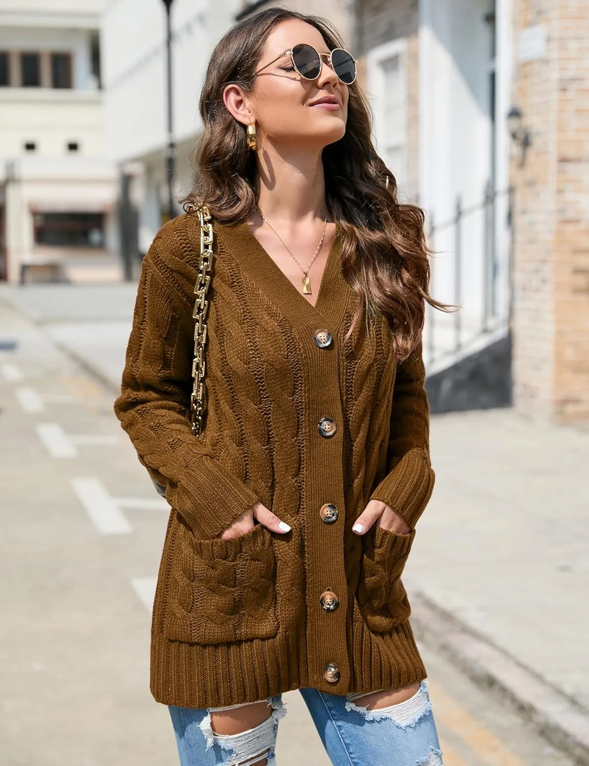 MISSKY Women's Open Front Cardigan Sweater with Pockets Long Sleeve Cable Knit Button Loose Cardigan Sweater Outwear
