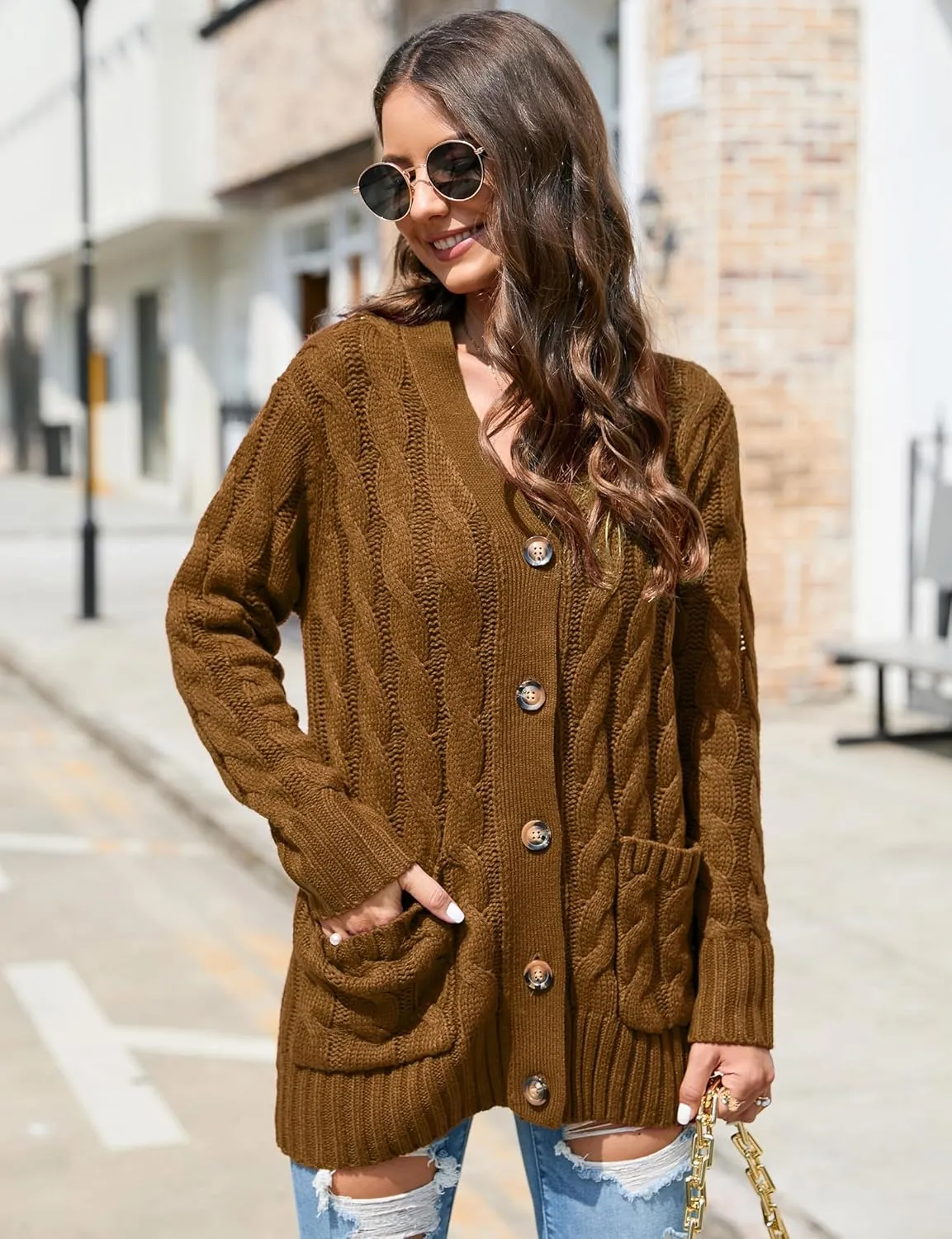 MISSKY Women's Open Front Cardigan Sweater with Pockets Long Sleeve Cable Knit Button Loose Cardigan Sweater Outwear