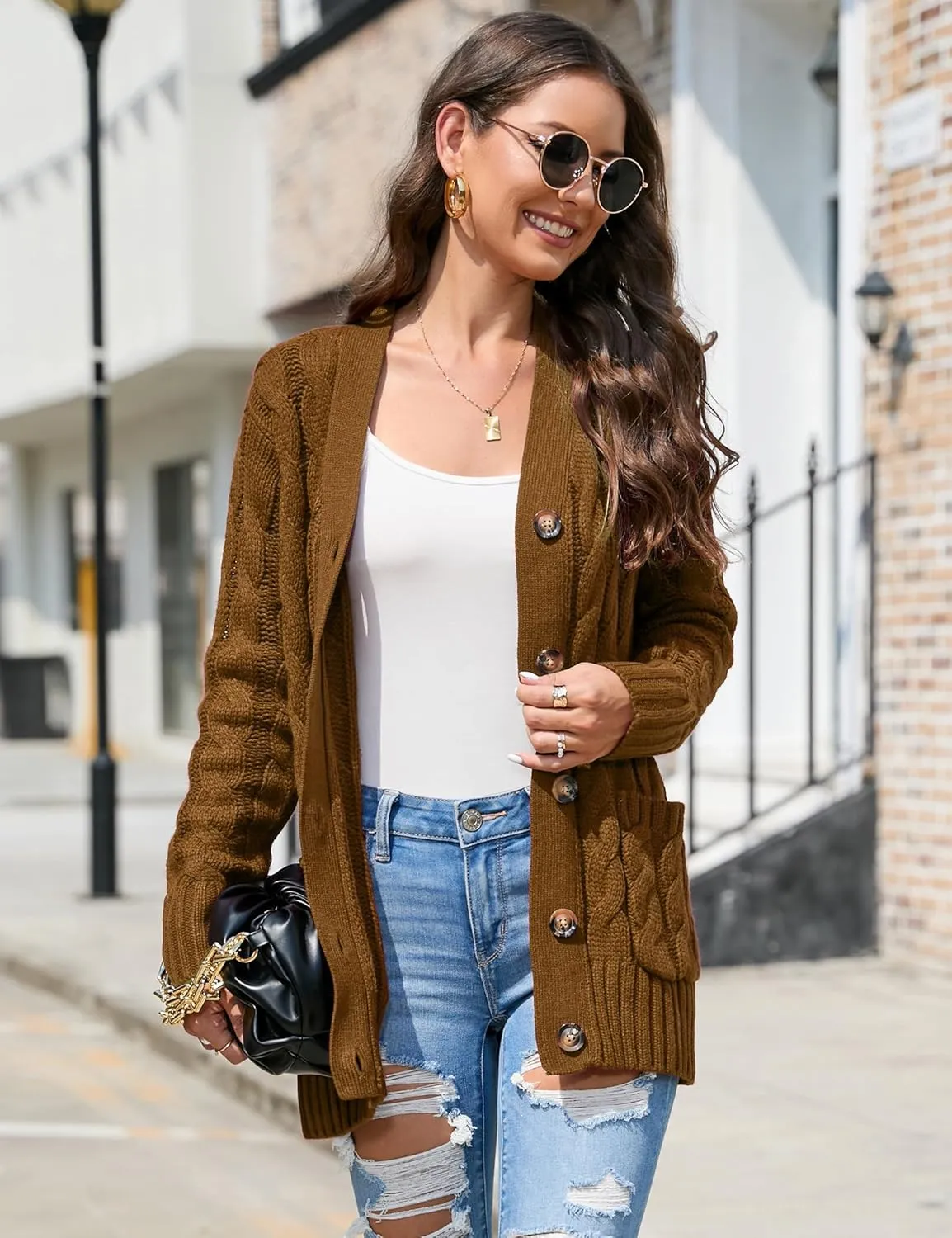 MISSKY Women's Open Front Cardigan Sweater with Pockets Long Sleeve Cable Knit Button Loose Cardigan Sweater Outwear