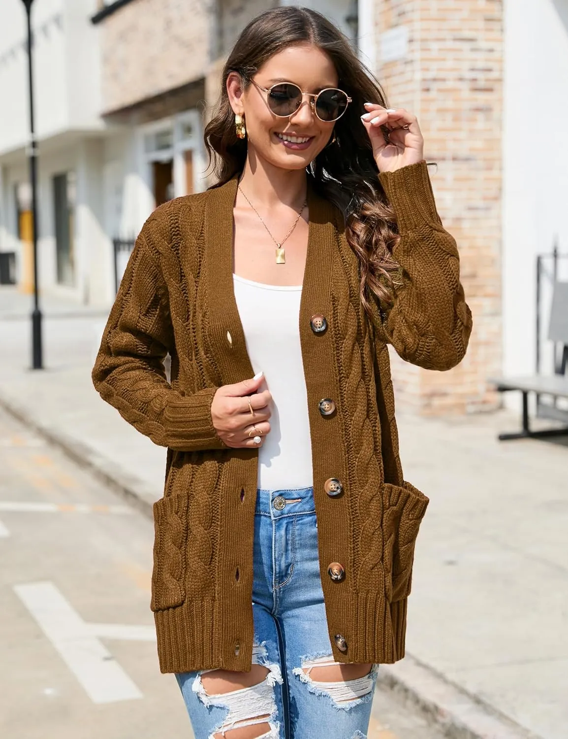 MISSKY Women's Open Front Cardigan Sweater with Pockets Long Sleeve Cable Knit Button Loose Cardigan Sweater Outwear