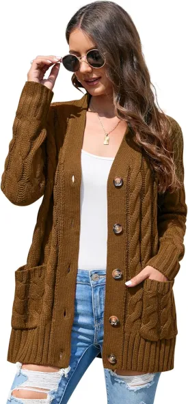 MISSKY Women's Open Front Cardigan Sweater with Pockets Long Sleeve Cable Knit Button Loose Cardigan Sweater Outwear