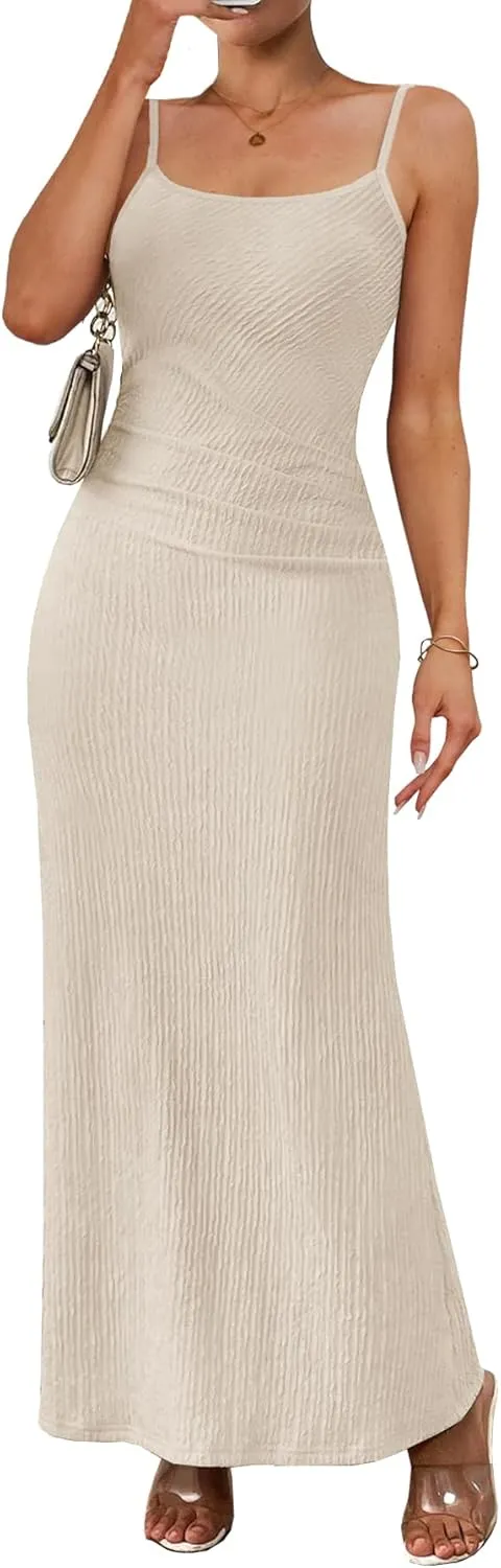MITILLY Summer Slip Bodycon Maxi Dress Elegant Spaghetti Strap Textured Basic Sexy Ruched Dress for Women Cocktail Party