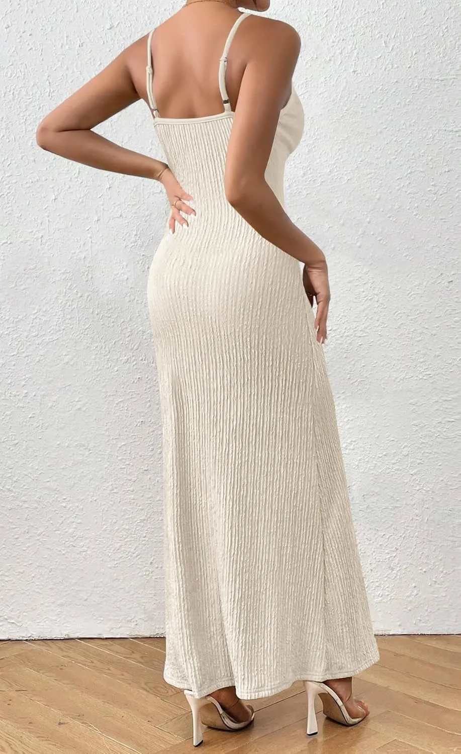 MITILLY Summer Slip Bodycon Maxi Dress Elegant Spaghetti Strap Textured Basic Sexy Ruched Dress for Women Cocktail Party