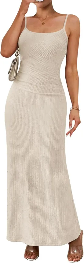 MITILLY Summer Slip Bodycon Maxi Dress Elegant Spaghetti Strap Textured Basic Sexy Ruched Dress for Women Cocktail Party