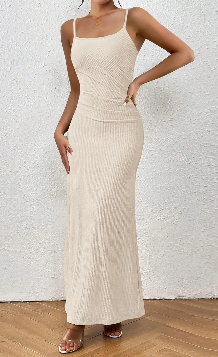 MITILLY Summer Slip Bodycon Maxi Dress Elegant Spaghetti Strap Textured Basic Sexy Ruched Dress for Women Cocktail Party