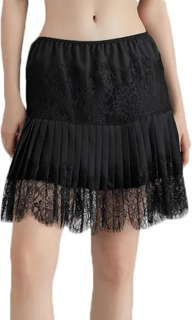 Multitrust Lace Slip Skirts for Women Pleated Lace Floral Mini Skirt Layered Short Skirts Ruffled Underskirt Shirt Extender
