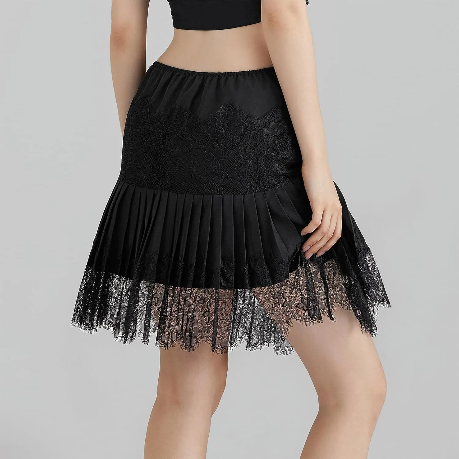 Multitrust Lace Slip Skirts for Women Pleated Lace Floral Mini Skirt Layered Short Skirts Ruffled Underskirt Shirt Extender