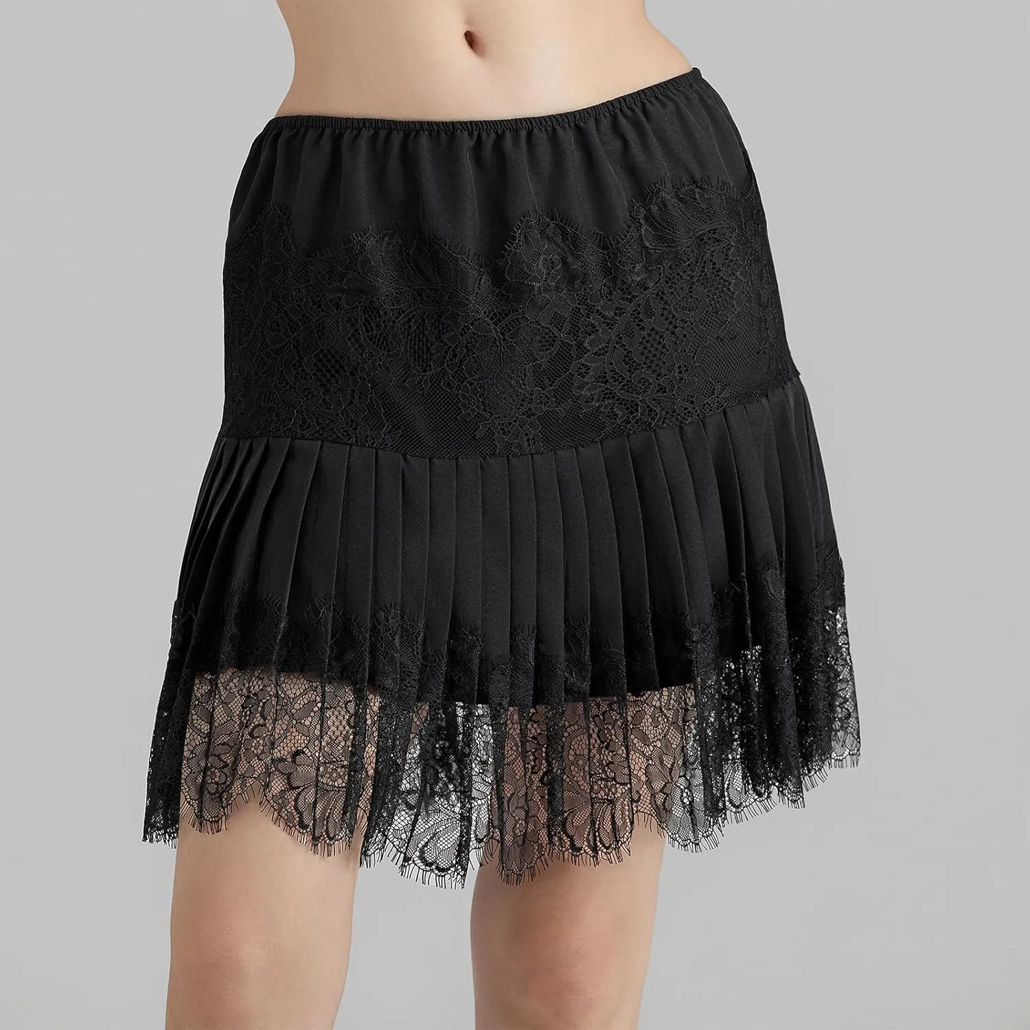 Multitrust Lace Slip Skirts for Women Pleated Lace Floral Mini Skirt Layered Short Skirts Ruffled Underskirt Shirt Extender