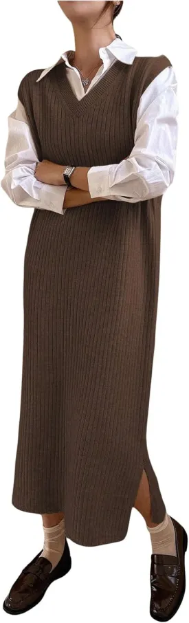 OYOANGLE Women's Split Hem Rib Knit Midi Sweater Dress V Neck Sleeveless Loose Fit Sweater Vest