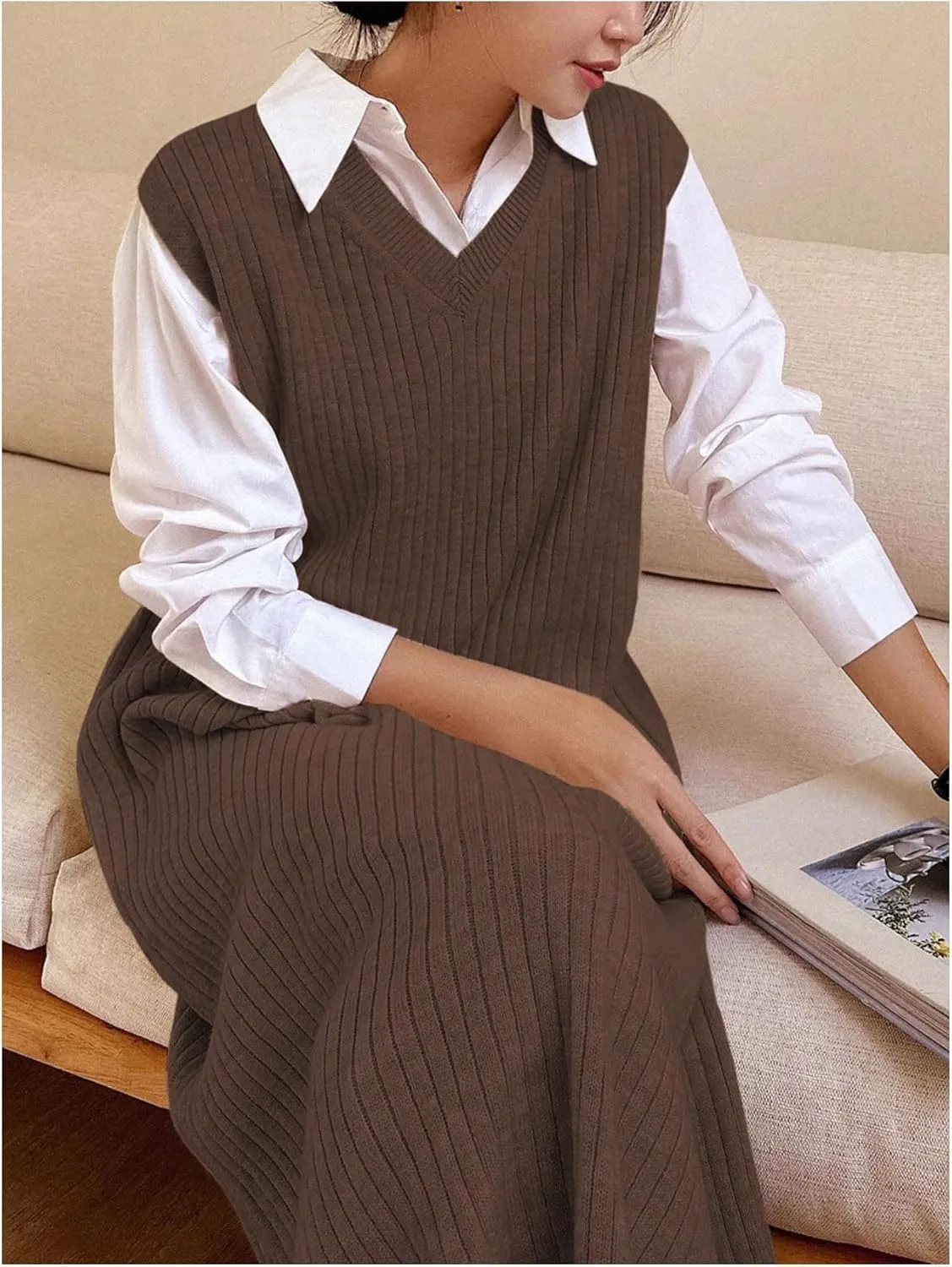 OYOANGLE Women's Split Hem Rib Knit Midi Sweater Dress V Neck Sleeveless Loose Fit Sweater Vest