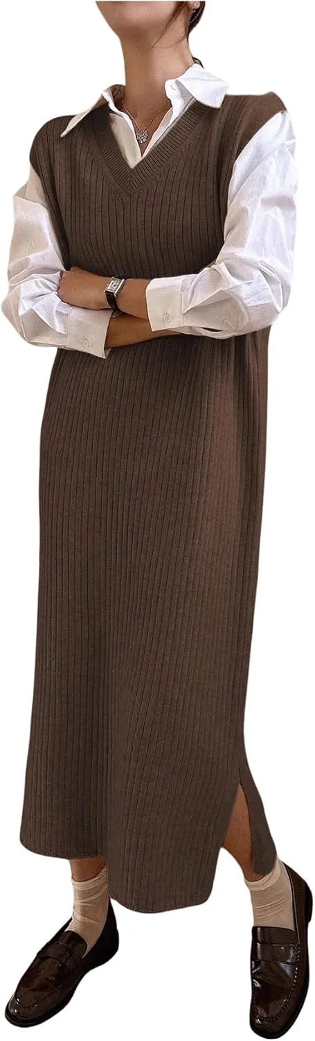 OYOANGLE Women's Split Hem Rib Knit Midi Sweater Dress V Neck Sleeveless Loose Fit Sweater Vest