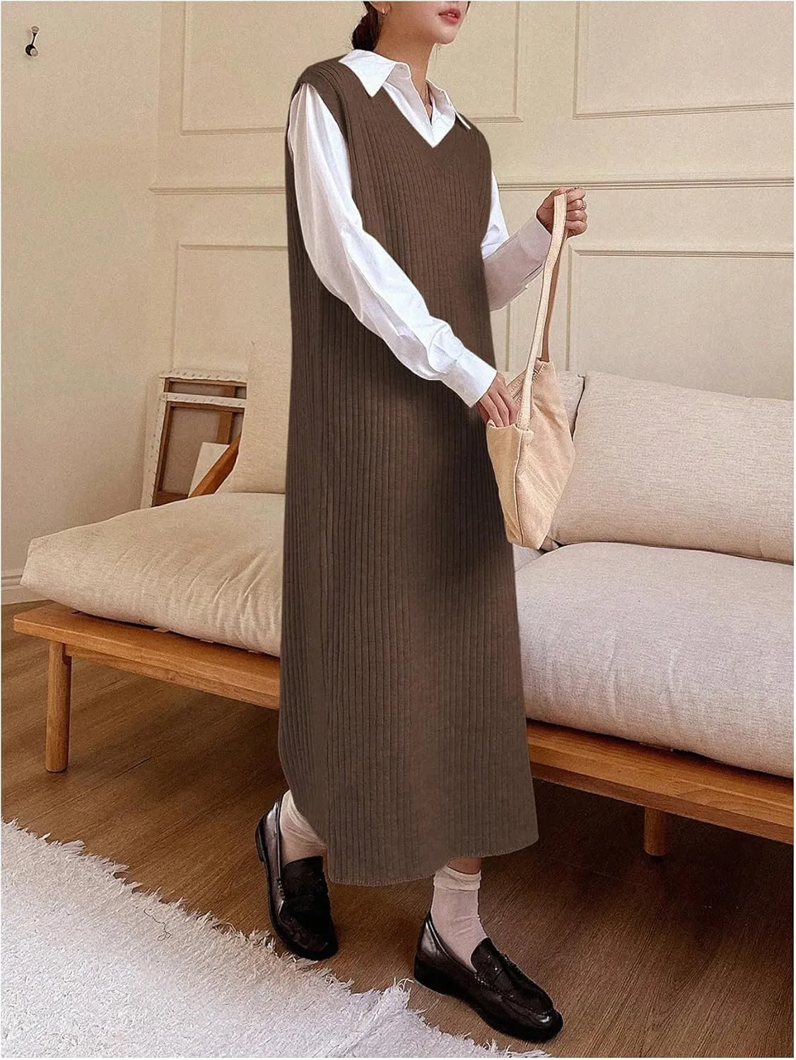 OYOANGLE Women's Split Hem Rib Knit Midi Sweater Dress V Neck Sleeveless Loose Fit Sweater Vest