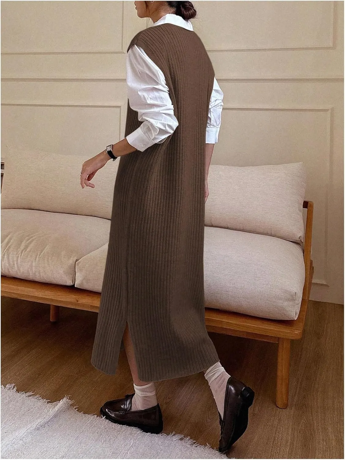 OYOANGLE Women's Split Hem Rib Knit Midi Sweater Dress V Neck Sleeveless Loose Fit Sweater Vest