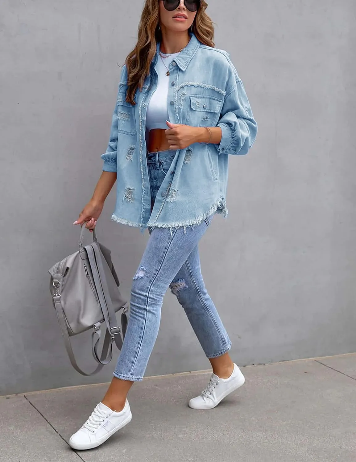 PUWEI Ripped Fringe Jean Jacket Women Distressed Washed Button Down Frayed Denim Shacket with Pocket
