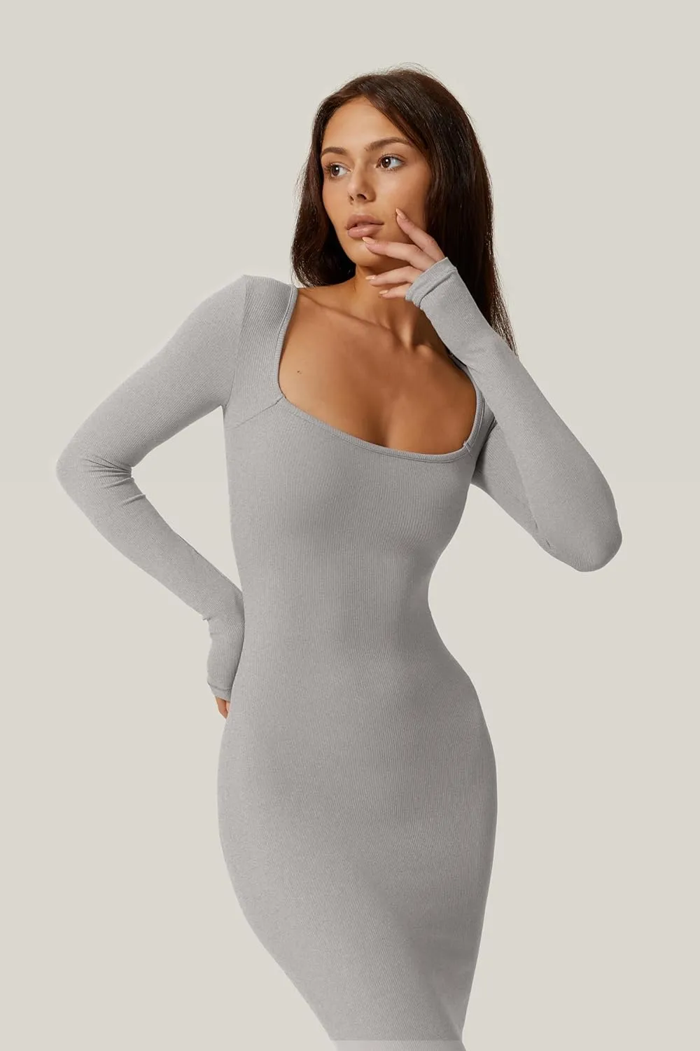 QINSEN Women's Long Maxi Dress Square Neck Long Sleeve Ribbed Bodycon Lounge Dresses