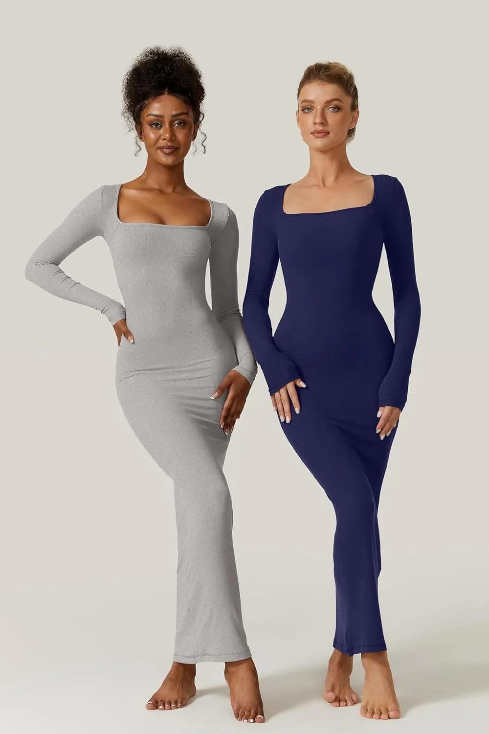 QINSEN Women's Long Maxi Dress Square Neck Long Sleeve Ribbed Bodycon Lounge Dresses