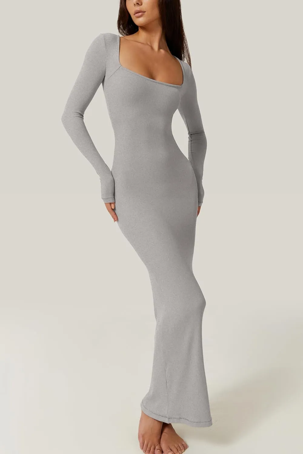 QINSEN Women's Long Maxi Dress Square Neck Long Sleeve Ribbed Bodycon Lounge Dresses