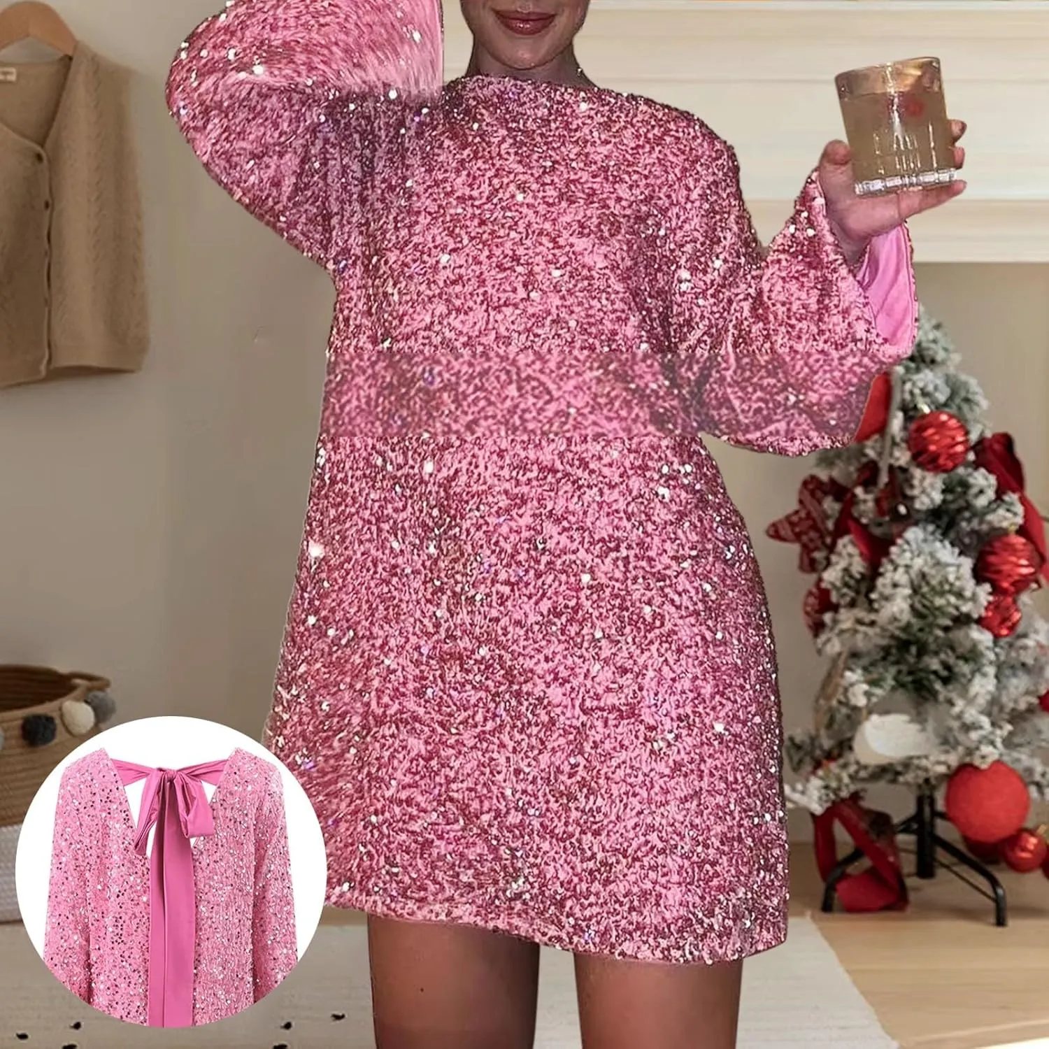 Sequin Dress for Women Long Sleeve Sparkly Dresses Back Petersham Ribbon Bow Party Night Out Club Festival Mini Dress